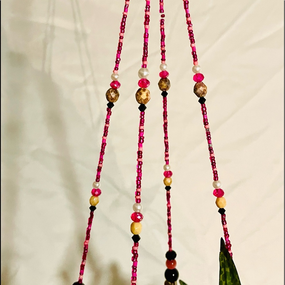 Hand beaded hanging plant holder measures Approx 32” long - Picture 4 of 8